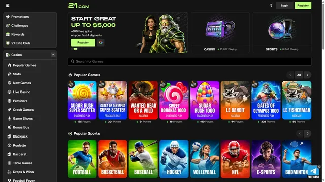 21 casino website screen
