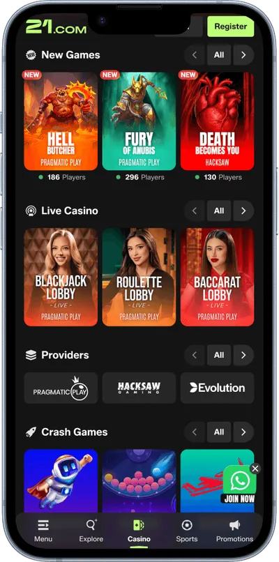 21.com Casino phone top games