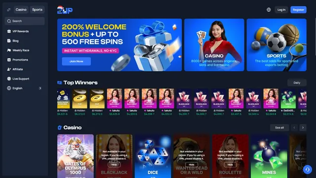 2up casino website screen