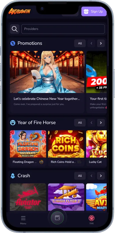 Akibawin.io casino phone screen main