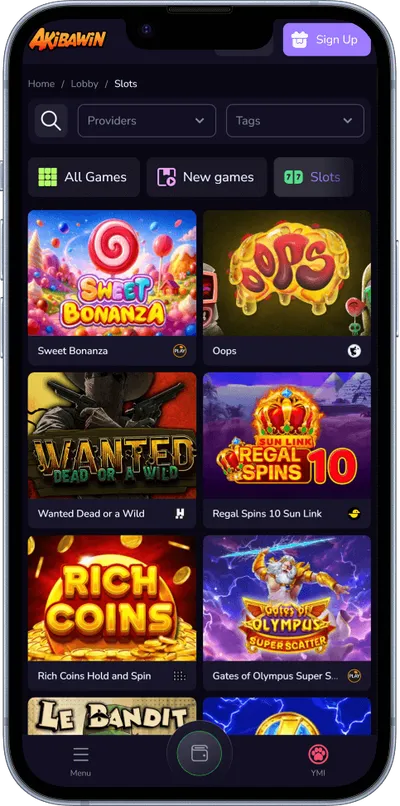 Akibawin.io casino phone screen slots