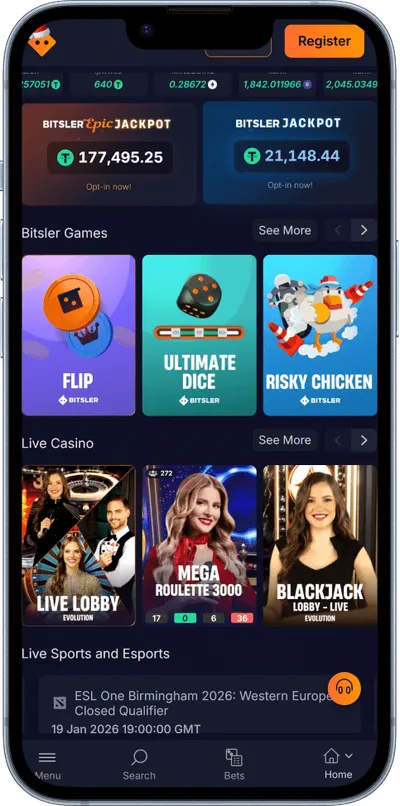 Bitsler Casino phone screen games