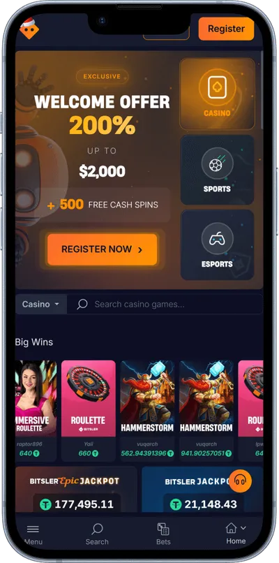 Bitsler Casino phone screen main