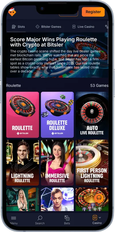 Bitsler Casino phone screen roulette games