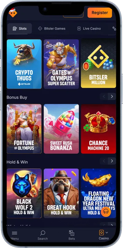 Bitsler Casino phone screen slots