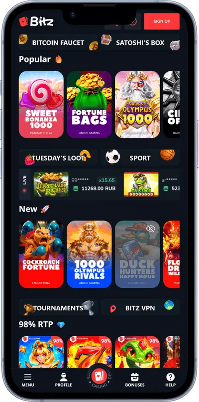 Bitz Casino phone screen games