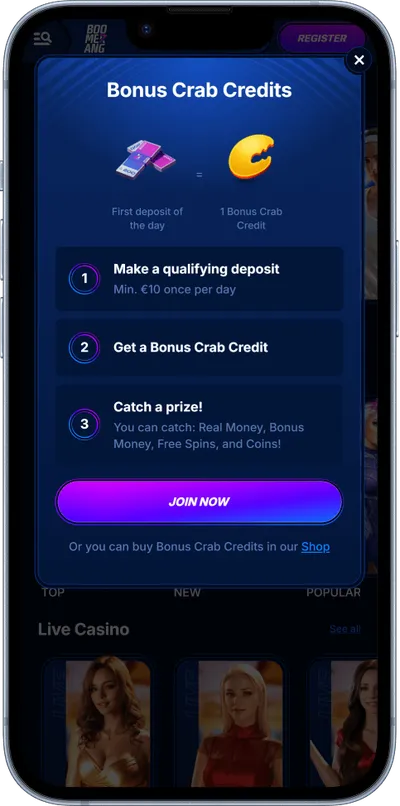 Boomerang Bet casino phone screen promo