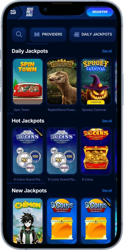 Boomerang Bet casino phone screen games