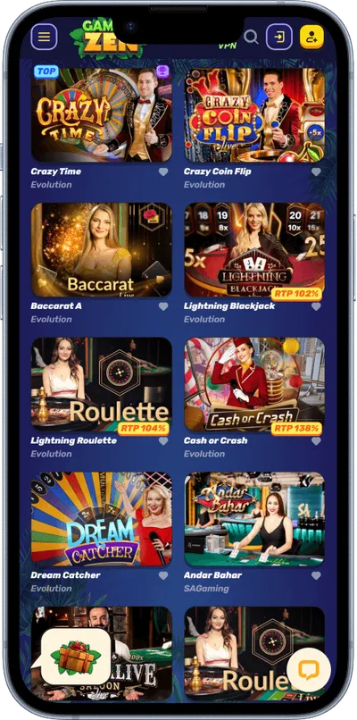 Gamblezen Casino phone screen live games