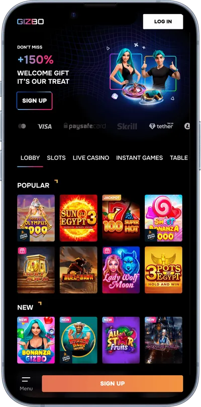 Gizbo casino phone screen page