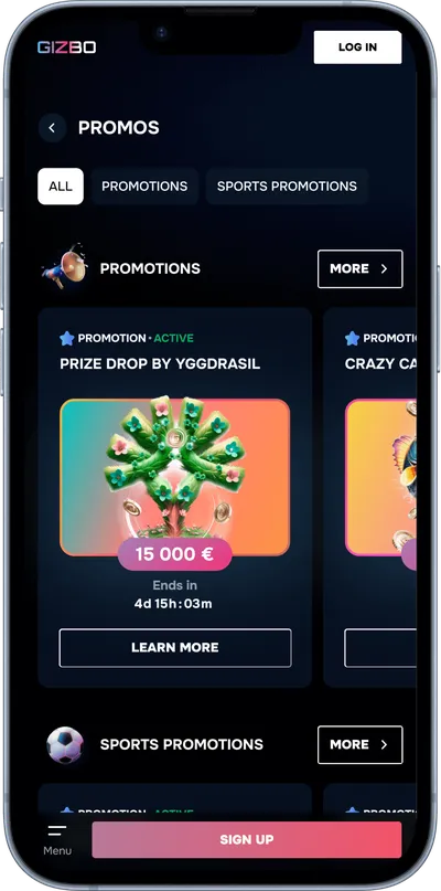 Gizbo casino phone screen promo page