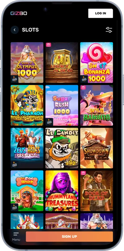 Gizbo casino phone screen slots page