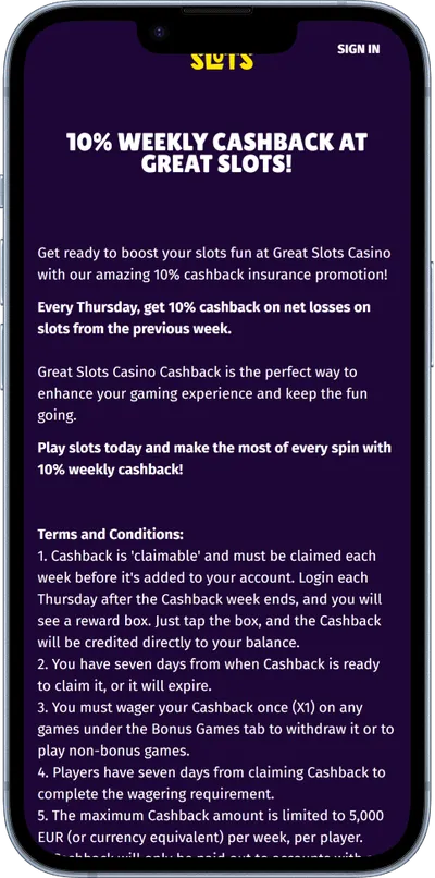 Great Slots Casino phone cashback