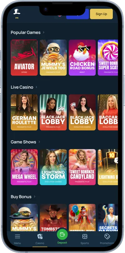 fortunejack casino phone screen main