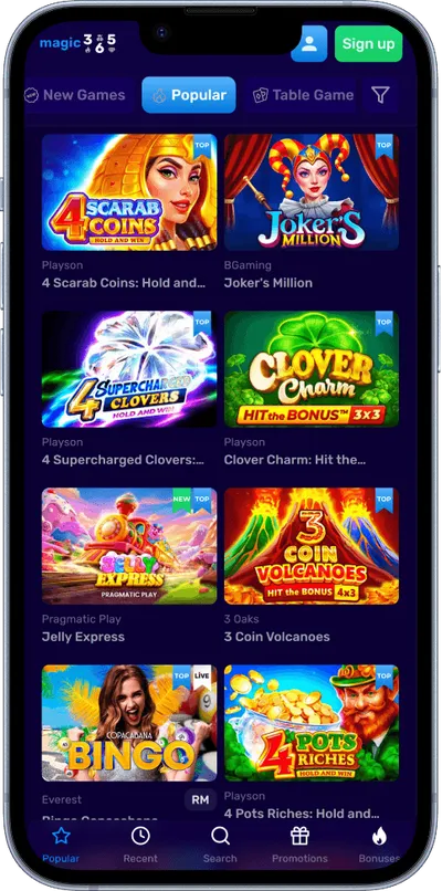 Magic365 Casino phone popular games