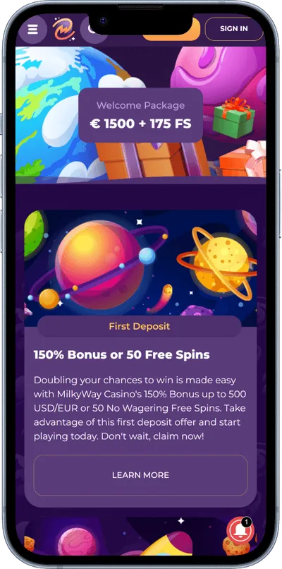 MilkyWay Casino phone screen promo