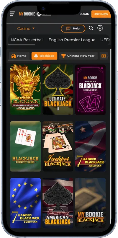 MyBookie Casino phone screen games