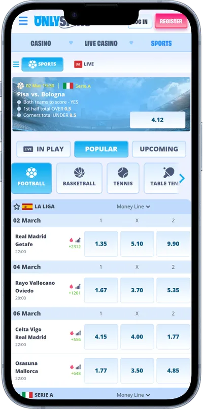 Onlyspins Casino phone screen sports betting