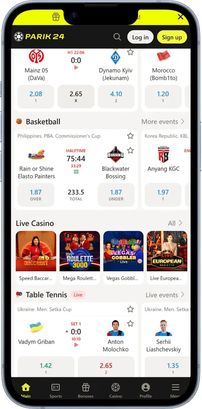 Parik24 casino phone screen main