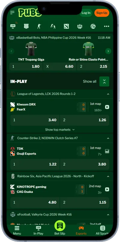 Pubs Casino phone screen esports