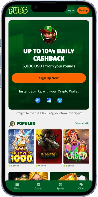 Pubs Casino phone screen main