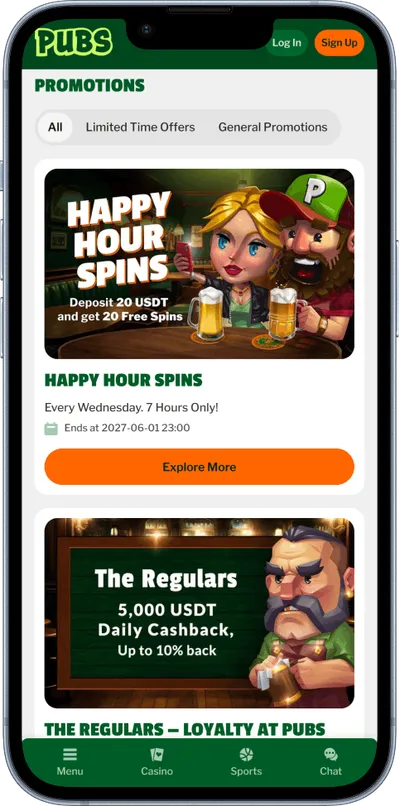 Pubs Casino phone screen promo