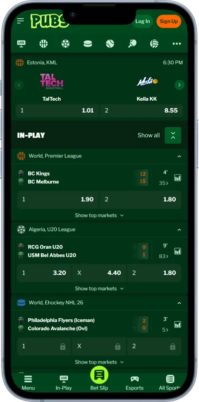 Pubs Casino phone screen sports betting