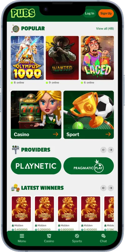 Pubs Casino phone screen top games