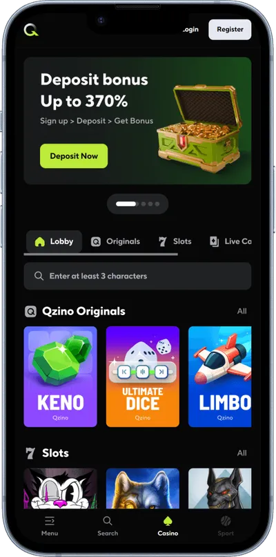Qzino Casino phone screen deposit bonus