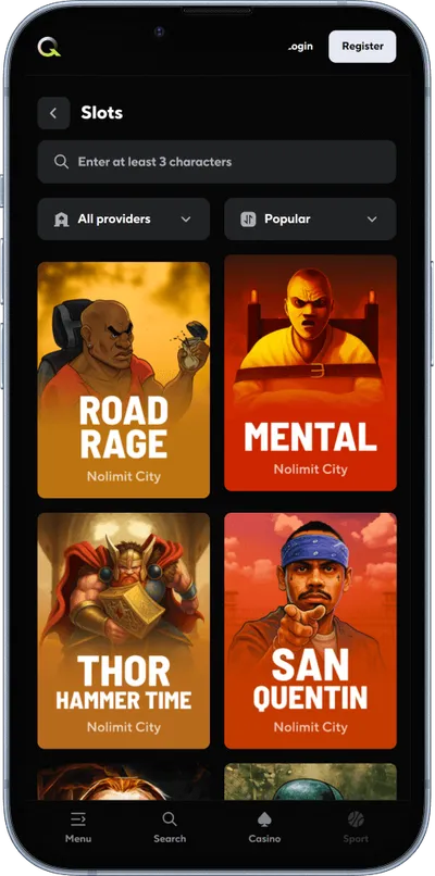 Qzino Casino phone screen slots