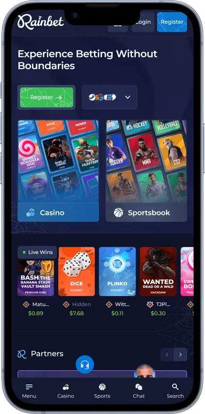 Rainbet Casino mobile homepage