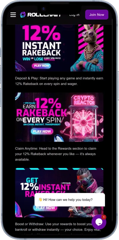 Rollchain Casino phone screen promo