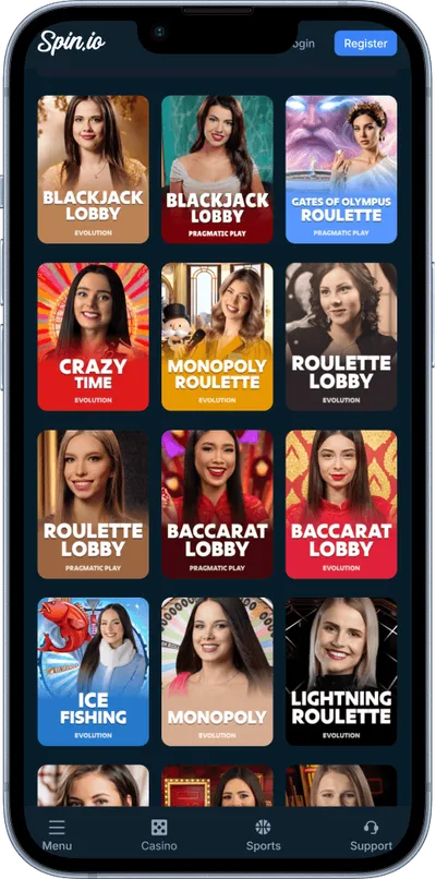 Spin.io Casino phone live games
