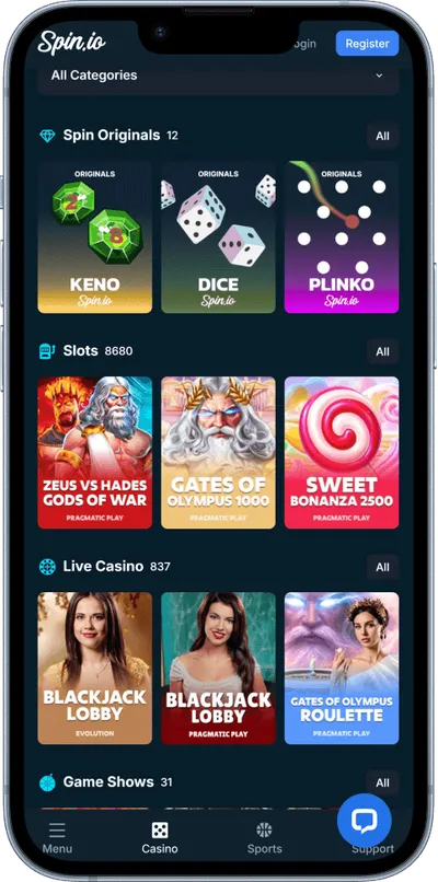 Spin.io Casino phone top games