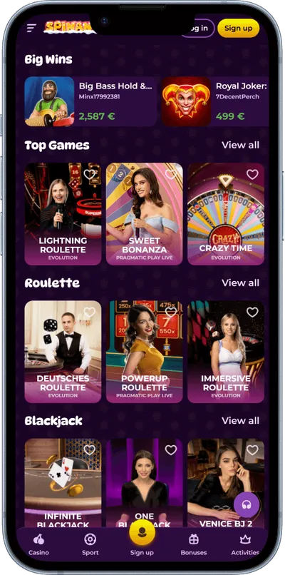 Spinania Casino phone screen games