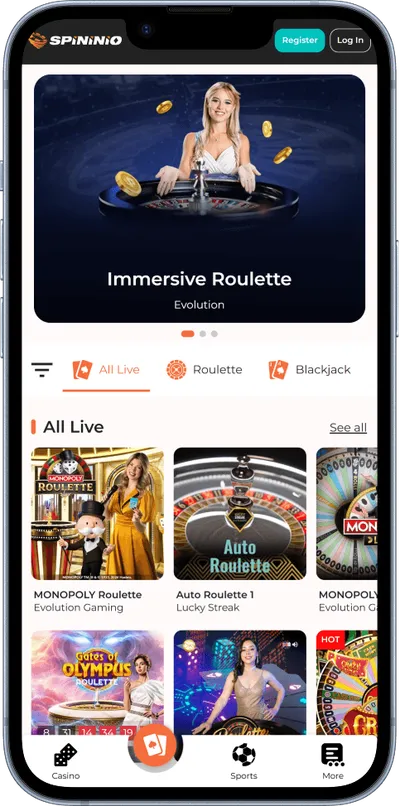 Spininio Casino phone top live dealer games