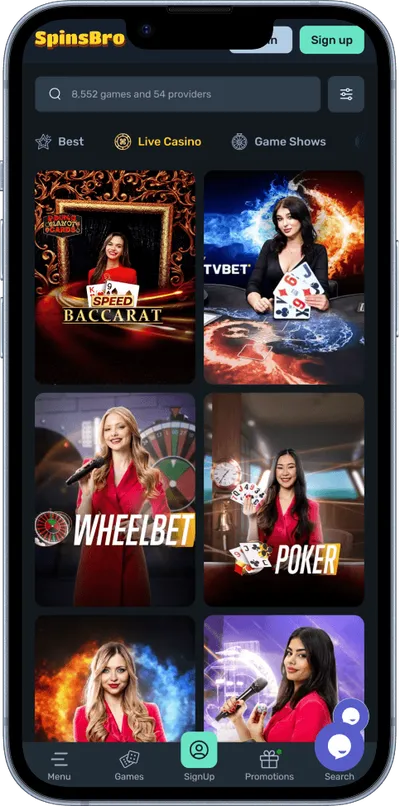 SpinsBro Casino phone live dealer