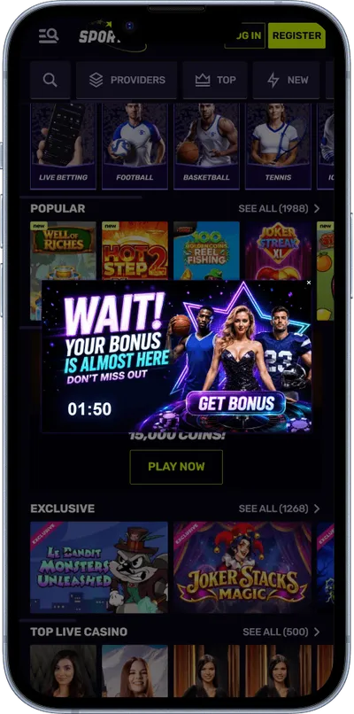 Sportuna Casino mobile bonus pop-up