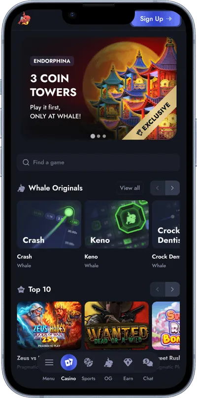 Whale.io Casino phone screen top games