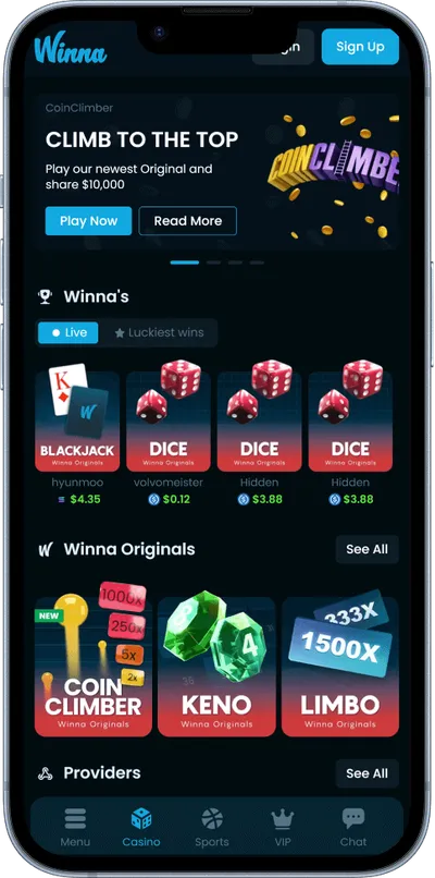 Winna Casino phone screen main