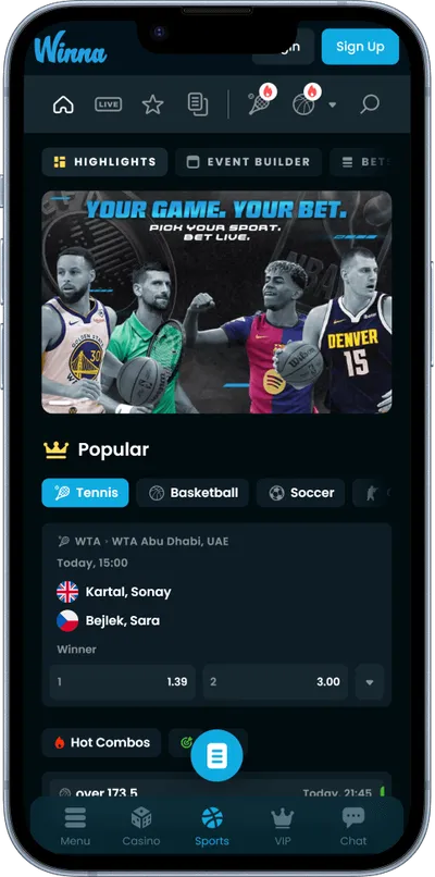 Winna Casino phone screen sports betting