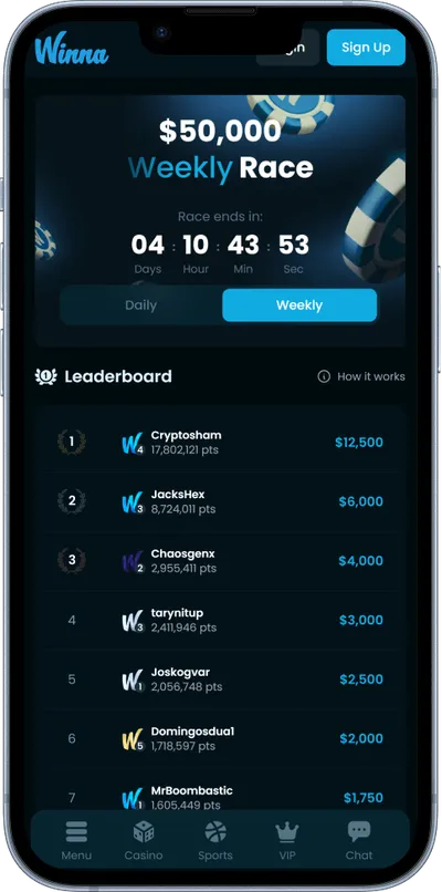 Winna Casino phone screen weekly race