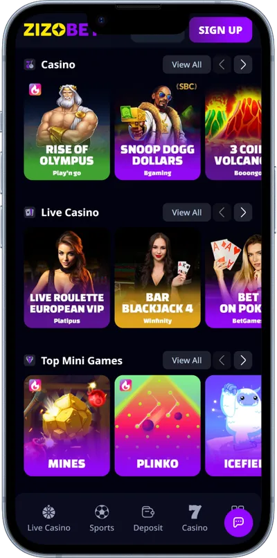 Zizobet Casino phone screen games