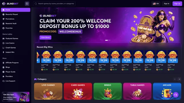 blindbet casino website screen