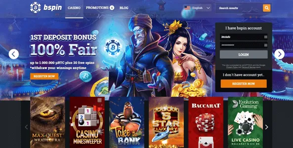 bspin casino website screen