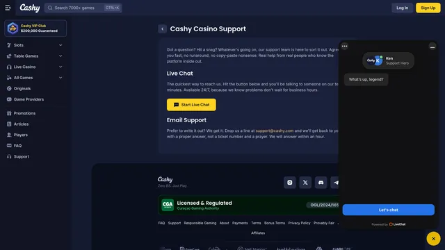 cashy casino support