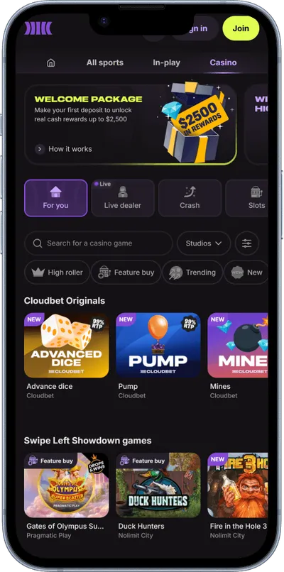 cloudbet sacino phone screen games