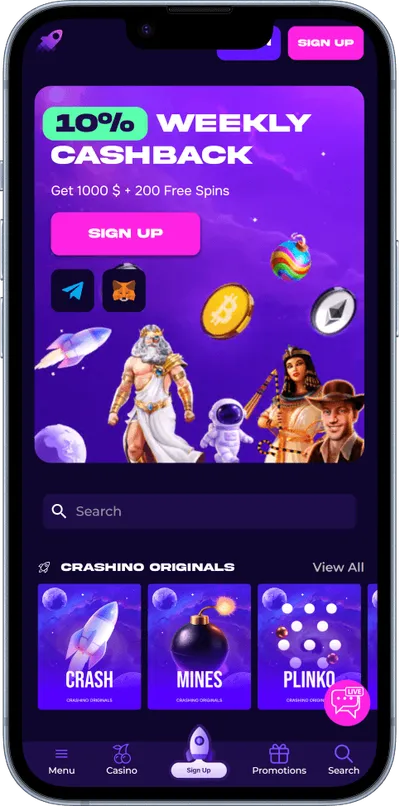 crashino casino phone screen main