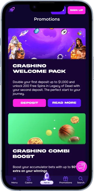 crashino casino phone screen promo