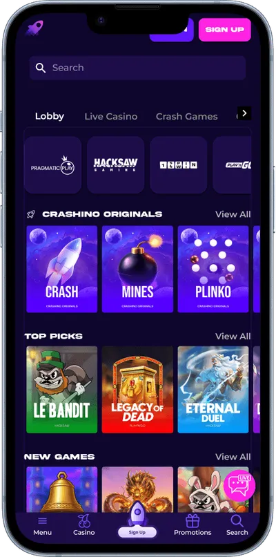 crashino casino phone screen top games
